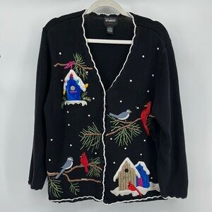 VTG Studio Black Christmas Cardigan with Festive Cardinal Design Sz 1X